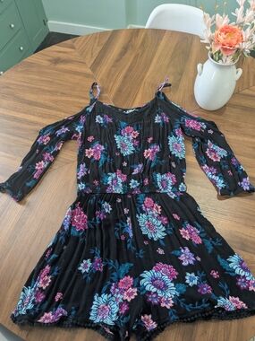 Mudd Black Cold-Shoulder Floral Romper - Pink & Teal Flowers